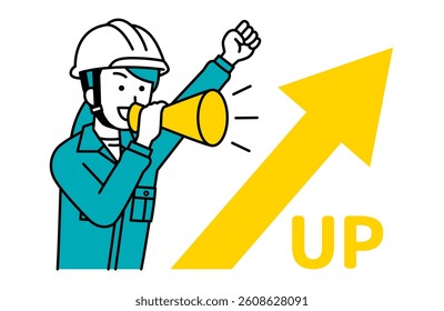 Rising arrow and a female worker cheering with a megaphone