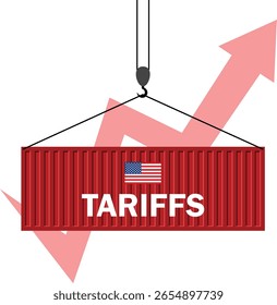 Gráfico de flecha ascendente con contenedores de envío y bandera de EE. UU. que representa el aumento de los aranceles de importación de EE. UU. Concepto de guerra comercial