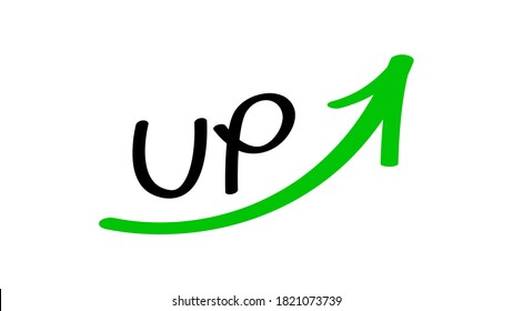 up and rising arrow handwritten, arrow green pointing up with free hand write for presentation idea, scribble up and rising arrow for business finance graph concept