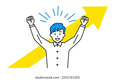Rising arrow and happy casual man with hands raised