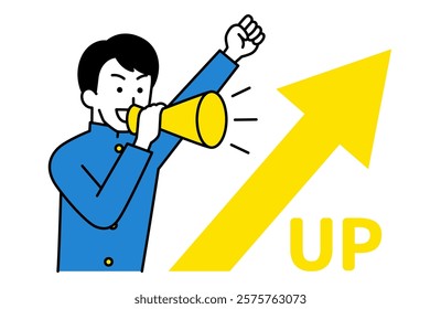 Rising arrow and a male student cheering with a megaphone