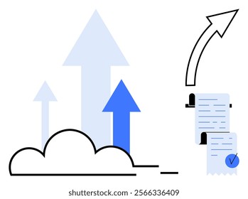 Rising arrows from a cloud beside a checklist with a blue tick and arrow, emphasizing growth, data management, and analytics. Ideal for cloud computing, business strategies, tech advancements, data