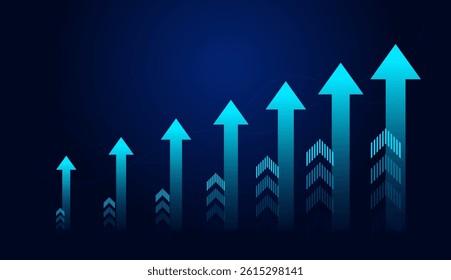 Rising arrows convey themes of improvement, innovation, and strategic success. The glowing center arrow indicates a breakthrough or peak performance