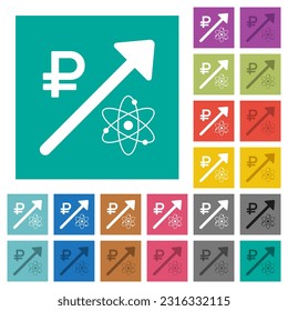 Rising atomic energy Russian Ruble prices multi colored flat icons on plain square backgrounds. Included white and darker icon variations for hover or active effects.