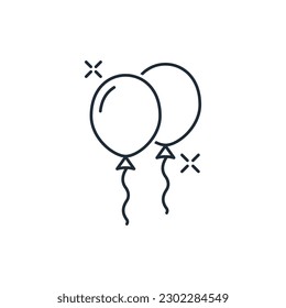 Rising balloons with fireworks. Solemn, festive event. Vector linear icon isolated on white background. 