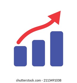 Gráfico de barras ascendentes e icono de flecha. Datos sobre inversiones y negocios. Vectores.