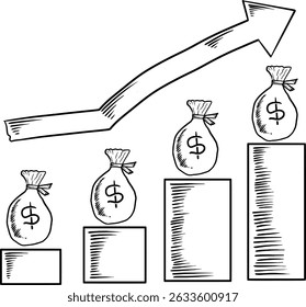 a rising bar chart with a dollar symbol above each bar, and an arrow pointing up	