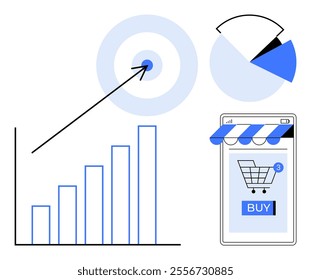 A rising bar graph points to a target, pie chart and smartphone shopping app. Ideal for digital marketing, e-commerce, data analytics, online sales optimization, business growth strategies. Flat