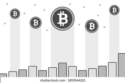 Rising Bitcoin, el vector de moneda criptodivisa más grande del mundo Ilustración. Los precios se dispararon, se dispararon, aumentaron, la imagen de éxito. Color naranja.