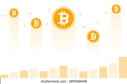 Rising Bitcoin, the world's biggest cryptocurrency coin vector Illustration. Prices soared, skyrocketed, increased, success image. Orange color.