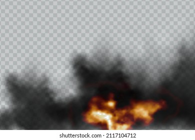 Rising black smoke with ash and blazing fire.Realistic effect of a volcano, lava or fire on a transparent background.