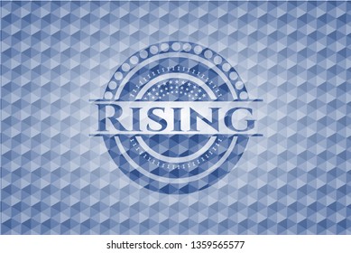 Rising blue emblem with geometric pattern.