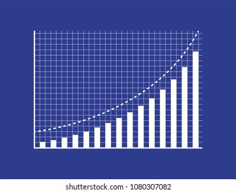 Rising chart banner, color vector illustration, dashed pointer, set of white columns graph with white net, two lines diagram isolated on blue backdrop