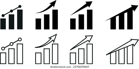 Rising chart graph icon set. developing economy and finance concept. vector sillhouette and line icon set