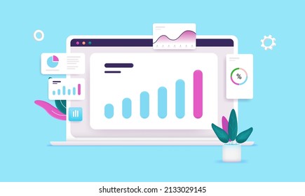 Rising chart on computer screen - Dashboard on laptop with graphs and charts showing abstract data and results. Vector illustration