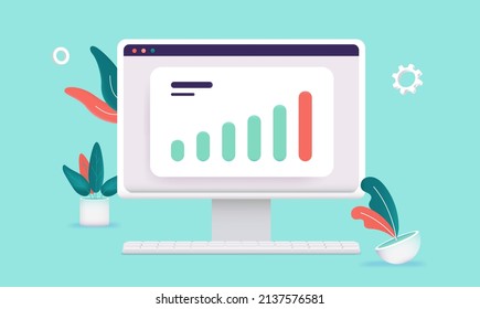 Rising chart on computer screen - Desktop PC with bar chart showing growth and increasing value. Vector illustration on green background