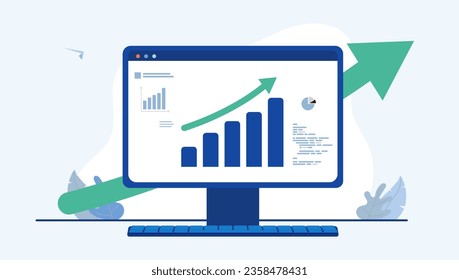 Rising chart on computer screen - Vector illustration of desktop with diagram and green arrow pointing up. Flat design