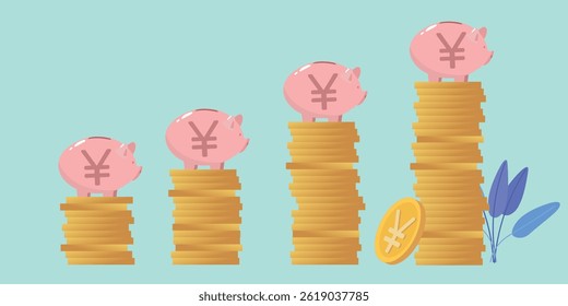 Rising Chinese currency rate, vector icon yuan, yen, piggy bank. Accumulation of money, wealth, profitable investment, income growth, business plan chart