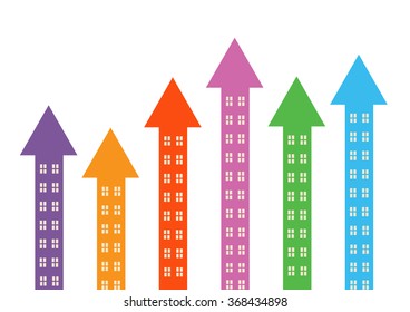 Rising colourful arrow shapes with windows to symbolise property market rising. 