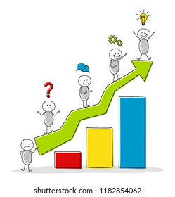 Rising column graph with funny stickmen and business icons. Vector.