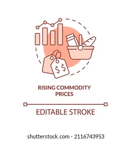 Rising commodity prices red concept icon. Primary product. Market economy cons abstract idea thin line illustration. Isolated outline drawing. Editable stroke. Arial, Myriad Pro-Bold fonts used