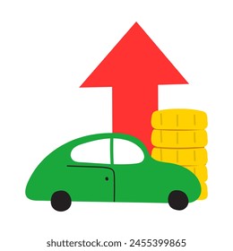 Aumento del costo del auto. Diseño plano. Vector dibujado a mano ilustración sobre fondo blanco.
