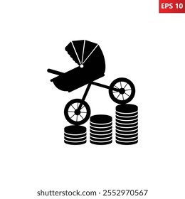 Rising costs of raising child. Vector illustration of baby stroller on coins. Increasing cost of living icon.