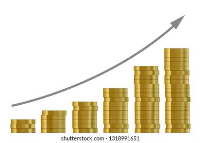 rising course many golden coins on white background finance concept vector illustration EPS10