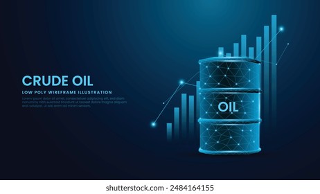 Aumento del Precio de petróleo crudo con barriles de petróleo crudo. Ilustración vectorial baja del alambre del poli del petróleo crudo sobre fondo azul tecnológico.