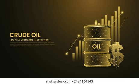 Rising Crude Oil Prices with Crude Oil Barrels and 3D Dollar Symbol. Crude Oil Low Poly Wireframe Vector Illustration on Technological Blue Background.