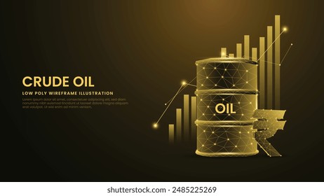 Rising Crude Oil Prices with Crude Oil Barrels and 3D Rupee Symbol. Crude Oil Low Poly Wireframe Vector Illustration on Technological Blue Background.