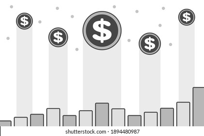 Rising currency dollar coin of the United States, Australian,  Canadian, Hong Kong, and several other vector Illustration. Prices soared, skyrocketed, increased, success image. Black and white color.