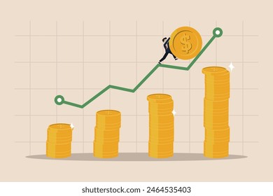 Rising dollar currency, increasing income, dollar currency growth concept, business people pushing dollar coins towards the highest price.