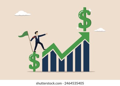 Rising dollar currency, increasing income, dollar currency growth concept, businessman climbing dollar currency growth graph.