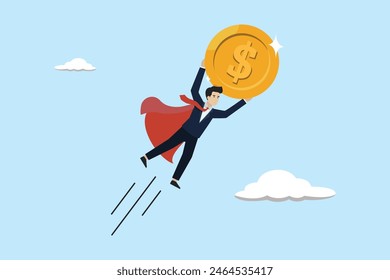 Rising dollar currency, increasing income, dollar currency growth concept, flying superhero businessman carrying dollar coin.