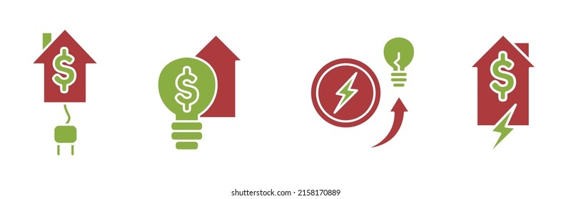 Rising electricity price icon set, high energy bill concept, financial crisis vector icons, high household expenses emblems, symbols isolated on white background.