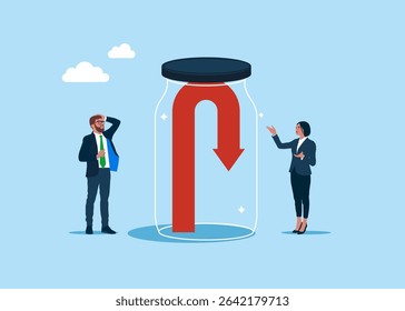 The rising then falling arrow is closed inside the airtight glass jar. Business constraints or stagnant, prohibition or difficulty prevent from improvement or success. Debts. Flat vector illustration