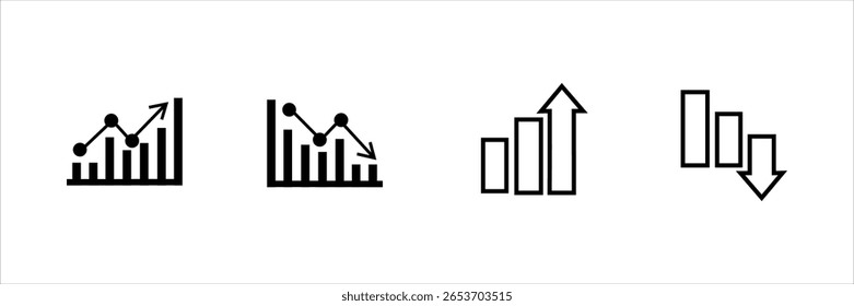 Gráficos de barras ascendentes e descendentes com setas e gráficos de linhas em estilo de ícone preto.
