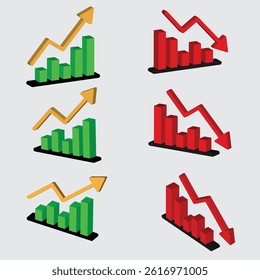 Rising and Falling Bar Graph Icons: 3D Business Trend Illustrations