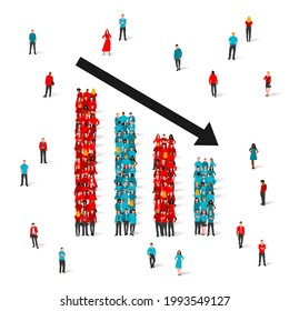 A rising and falling chart of people in colored clothes. Business data design elements for web, report, presentation, financial analysis. Graph, chart, diagram. Vector illustration isolated on white