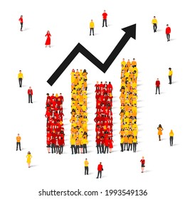 Un gráfico de personas en ascenso y caída con ropa de colores. Elementos de diseño de datos empresariales para web, informe, presentación, análisis financiero. Gráfico, gráfico, diagrama. Ilustración del vector aislada en blanco