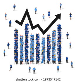 A rising and falling chart of people in colored clothes. Business data design elements for web, report, presentation, financial analysis. Graph, chart, diagram. Vector illustration isolated on white