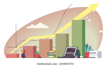 Rising financial bar, line charts. Increasing arrow diagram graph statistics. Finance growth progress infographics. Investment success business presentation report concept flat vector illustration