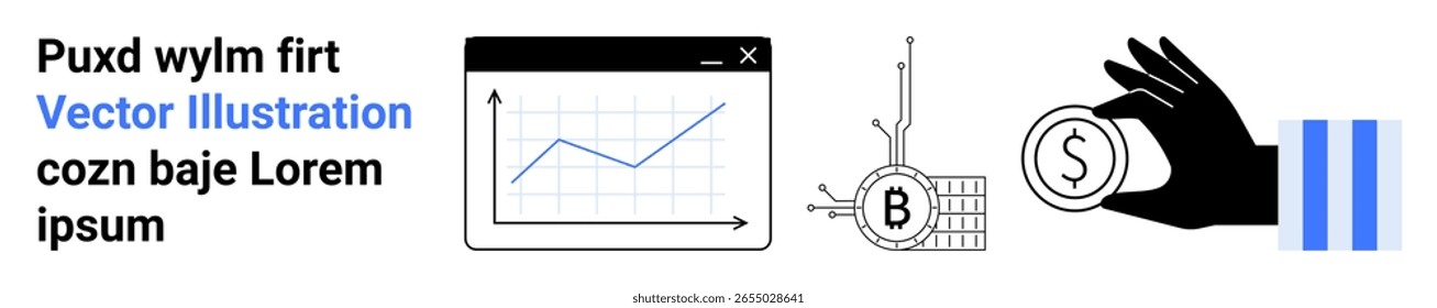 Rising financial graph, Bitcoin technology, hand with dollar coin, vertical rectangular bars. Ideal for finance, cryptocurrency, analytics, economics, investment, technology digital currency