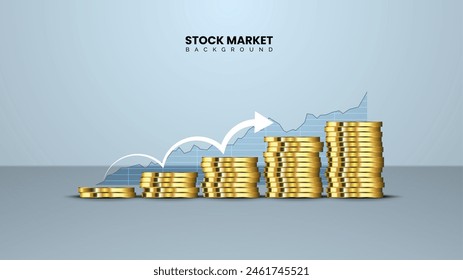 Rising financial investment concept with stacks of 3D gold coins. Stock market growth illustration for financial business and trading visualization