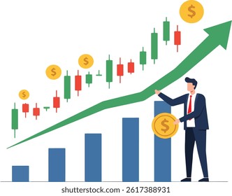 Rising financial trend shown with candlestick chart, bar graph, and businessman adding coin, symbolizing investment growth and market success.