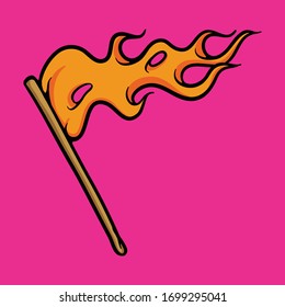 Bandera de fuego en ascenso. Llama con palo de madera. Concepto rebelde. Ilustración aislada en fondo rosa