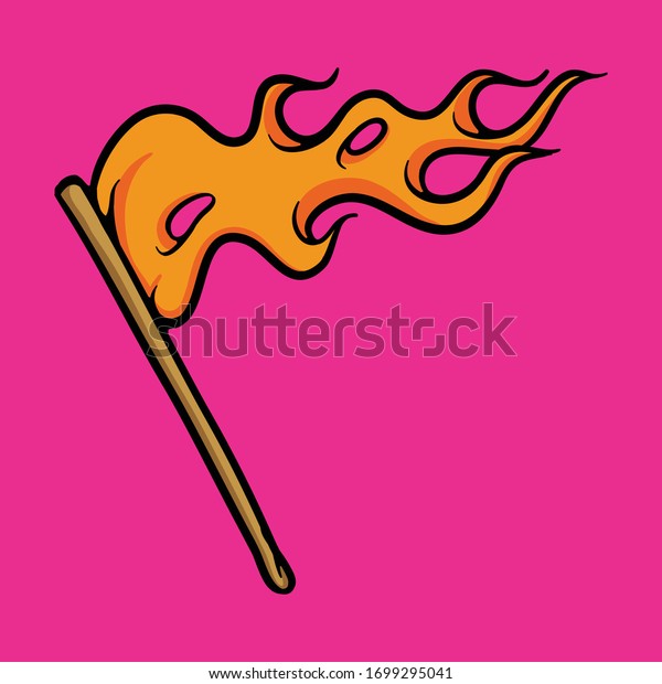 Rising fire flag. Flame with\
wood stick. Rebel concept. Illustration isolated on pink\
background