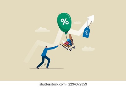 Rising food cost and grocery prices.  Inflation financial crisis concept. a man trying to catch the shopping cart full of food flying away with the inflation bubble. illustration