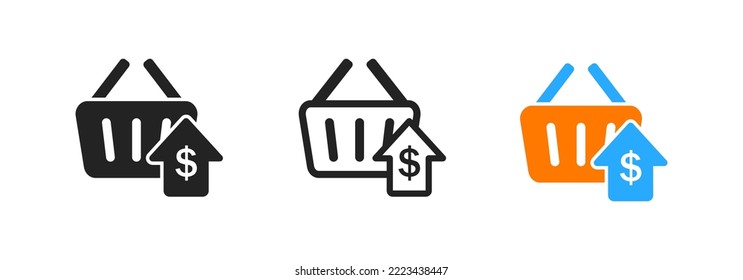 Icono del aumento de los precios de los alimentos sobre fondo blanco. Cesta de compras con muñecas y flecha hacia arriba. Flecha, dinero, signos de canasta. Crisis económica, símbolo de inflación. Diseño plano de colores. Ilustración vectorial.